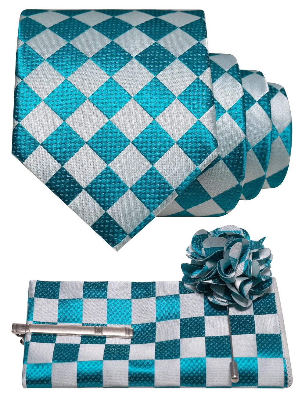 1258 Teal Plaid Tie and Lapel Pin Necktie Pocket Square with Tie Clip Sets